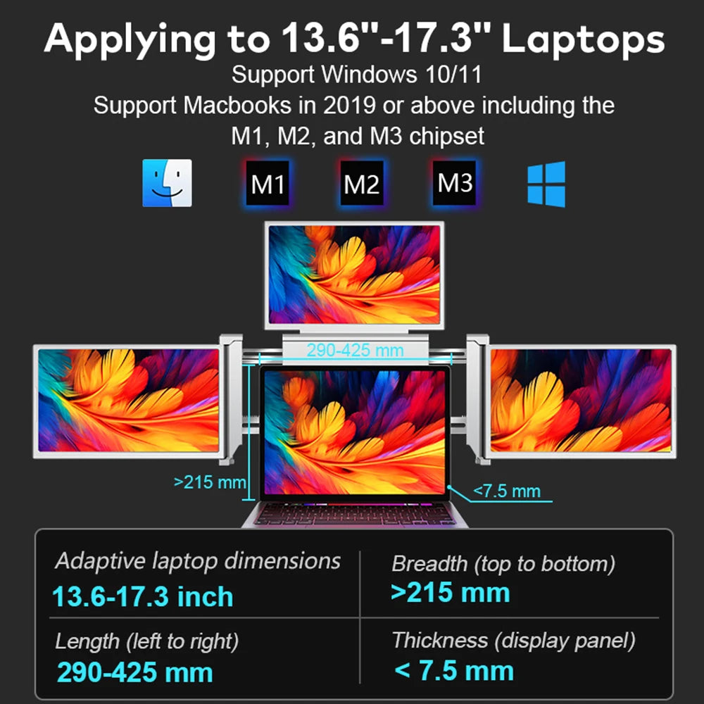 Écran Pliable pour Ordinateur Portable – Triple Affichage (12'à 18.5') 1080P FHD